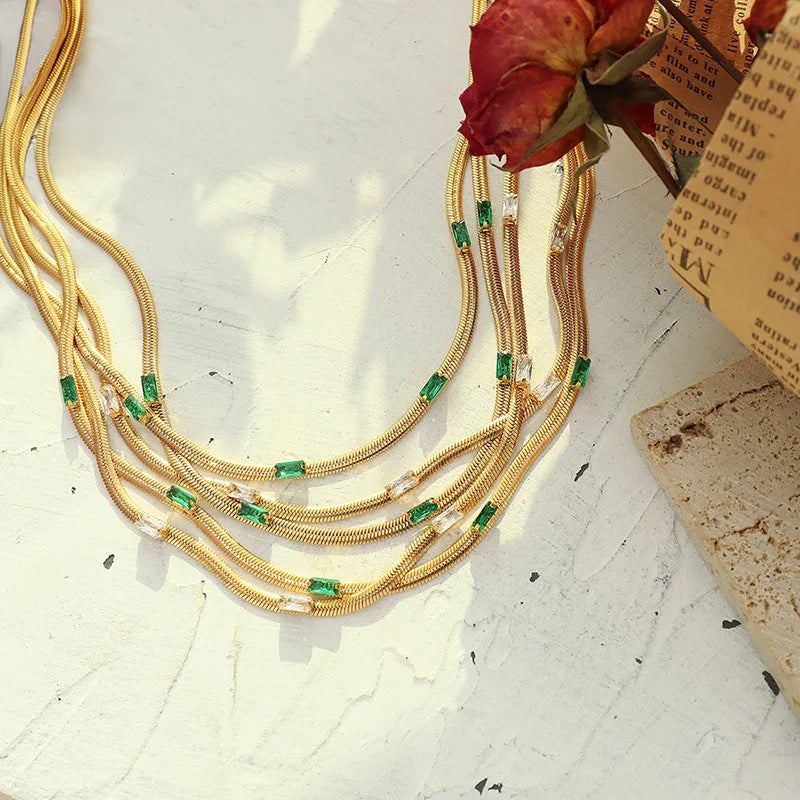 Joolim 18k Classic Basic Clear Enamel Zircon Pave  Herringbone Chain Necklace Stainless Steel Jewelry
