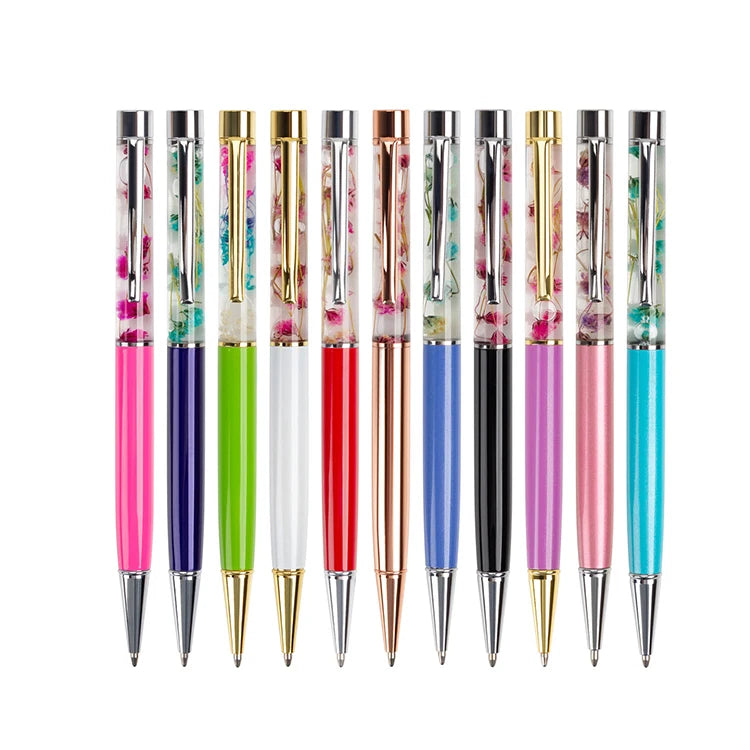 Wholesale Custom Logo Liquid Floating Pen Sports Metal Body with DIY 3D Flower Crystal Souvenir Glitter Ball for Promotional Use