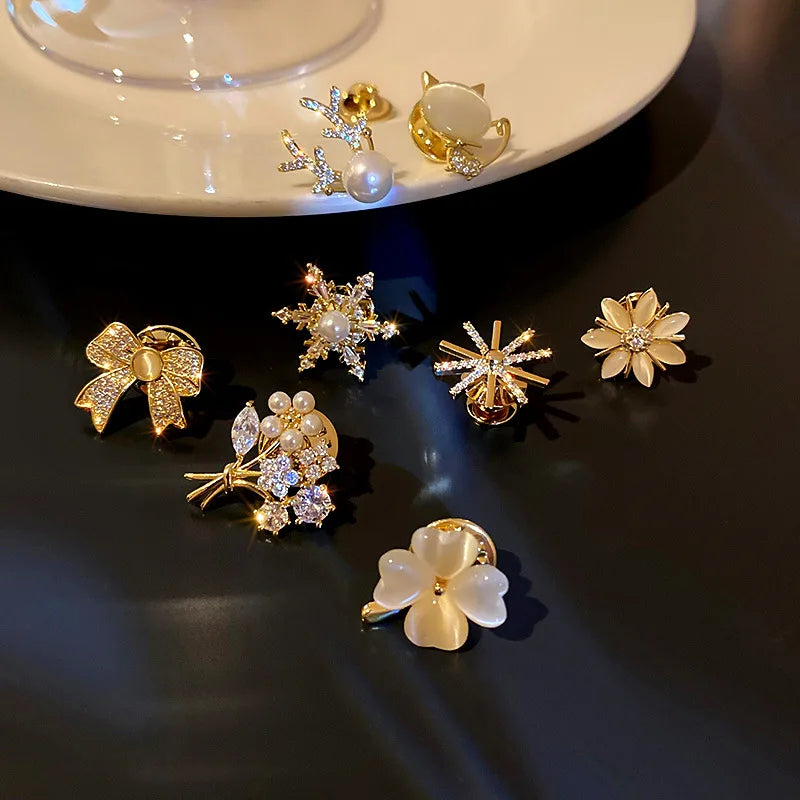 New Fashion Zircon Pearl Kitten Bouquet Snowflake Brooch Women