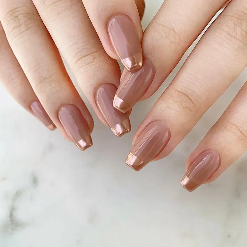 Private Label Long Real Gold Brown Salon Gel Press on Nails Coffin Nails Fake Artificial Fingernail French Gel Nails Press Ons