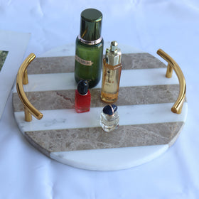 New Design Gold Handles Round Hotel Bathroom Luxurious White Gray Stripe Customize Deco Natural Marble 30x20cm Tray Premium