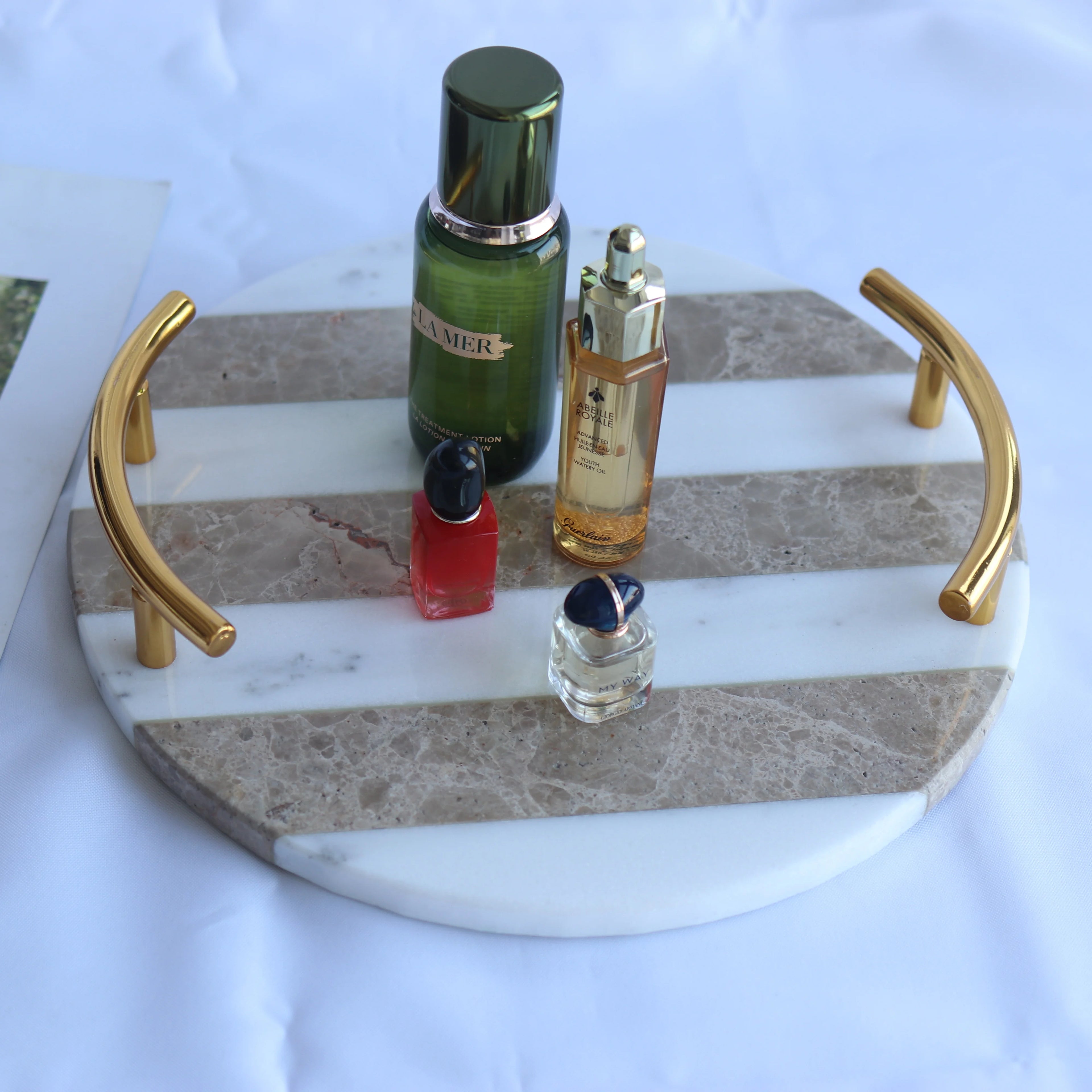 New Design Gold Handles Round Hotel Bathroom Luxurious White Gray Stripe Customize Deco Natural Marble 30x20cm Tray Premium