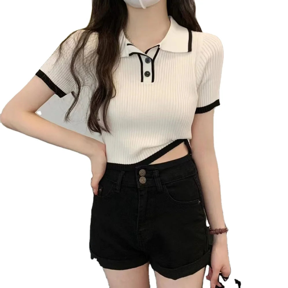 Wholesale Custom Hot Selling Ladies Fashion Knitted Short Sleeve Polo Shirt Women's Summer Slim Fit T-shirt Sexy Short Style Top