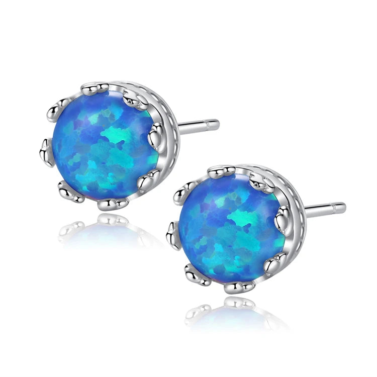 Fine Jewelry 925 Sterling Silver Round Shape Natural Opal Prong Set Stud Earrings for Women Girls