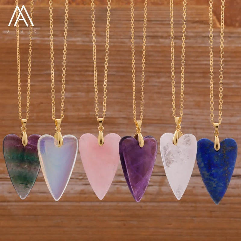 Fashion Stone Pendant Necklace  Long Hearts  Polished  Healing Crystal Jewelry  Gift to Her