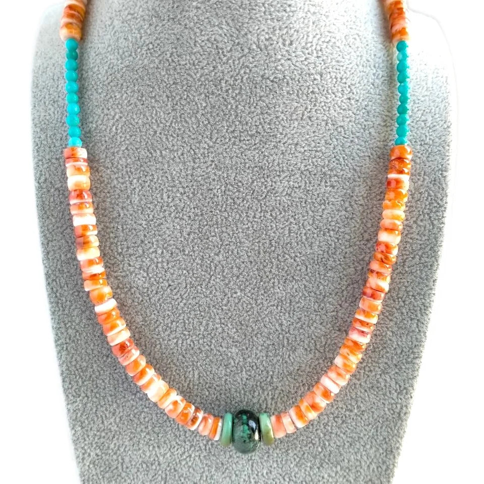 Turquoise and Spiny Oyster Choker Necklace Choose from Orange and Blue