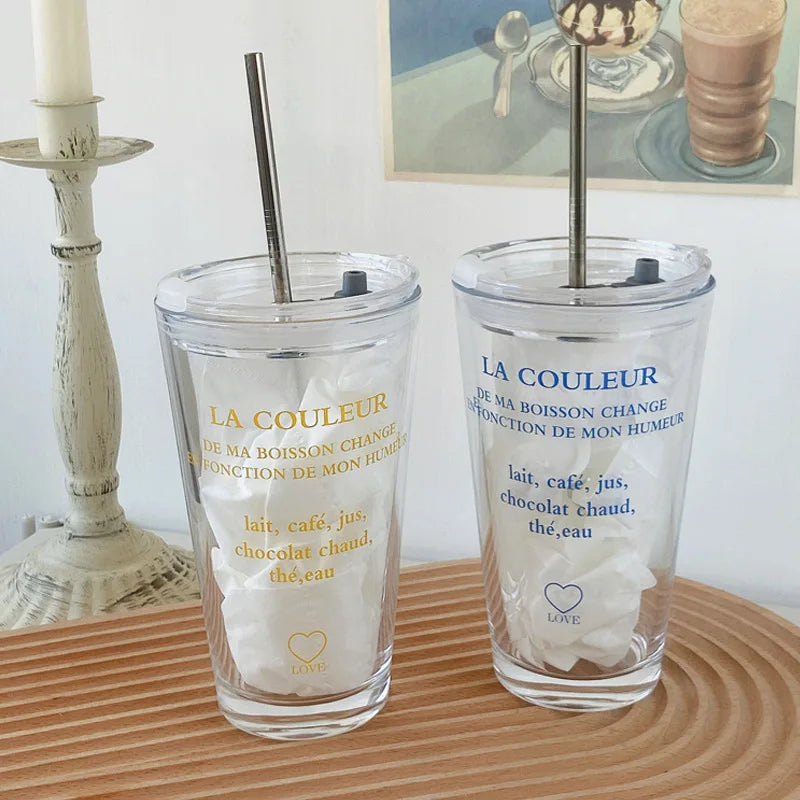Japanese and Korean Ins French Alphabet Glass Straw Cup Blue Word Large Capacity Juice Coffee Cup