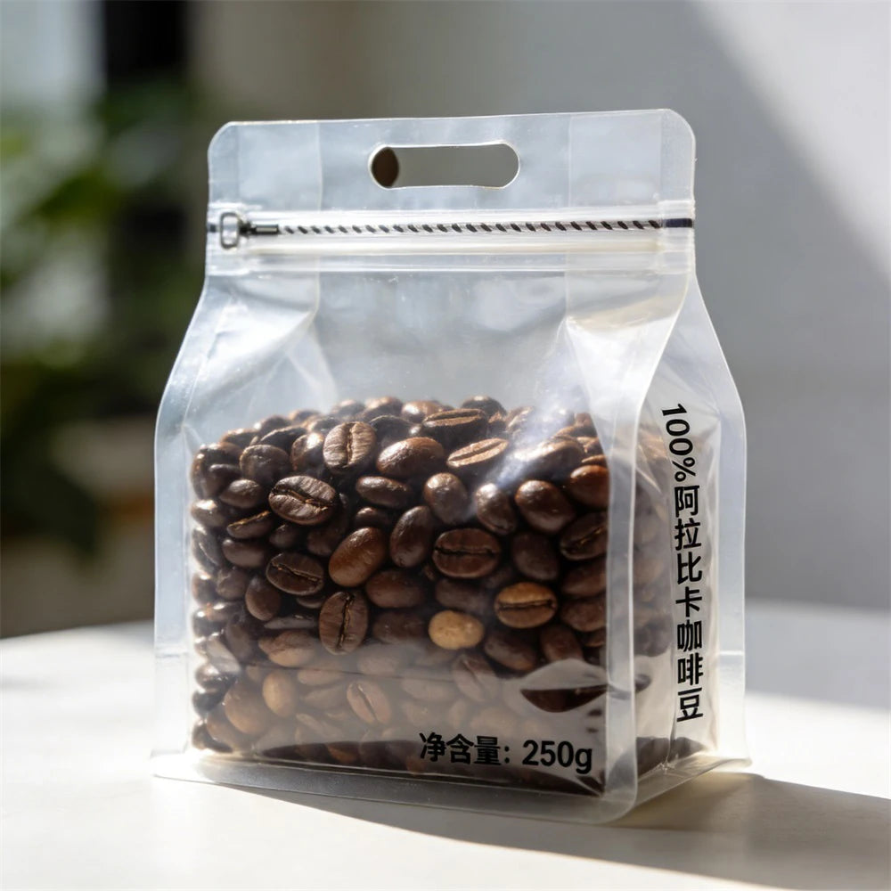 100g 250g 500g Custom Packaging Manufacturer Transparent Clear Printed Coffee Bean Flat Bottom Bag With Valve Zipper