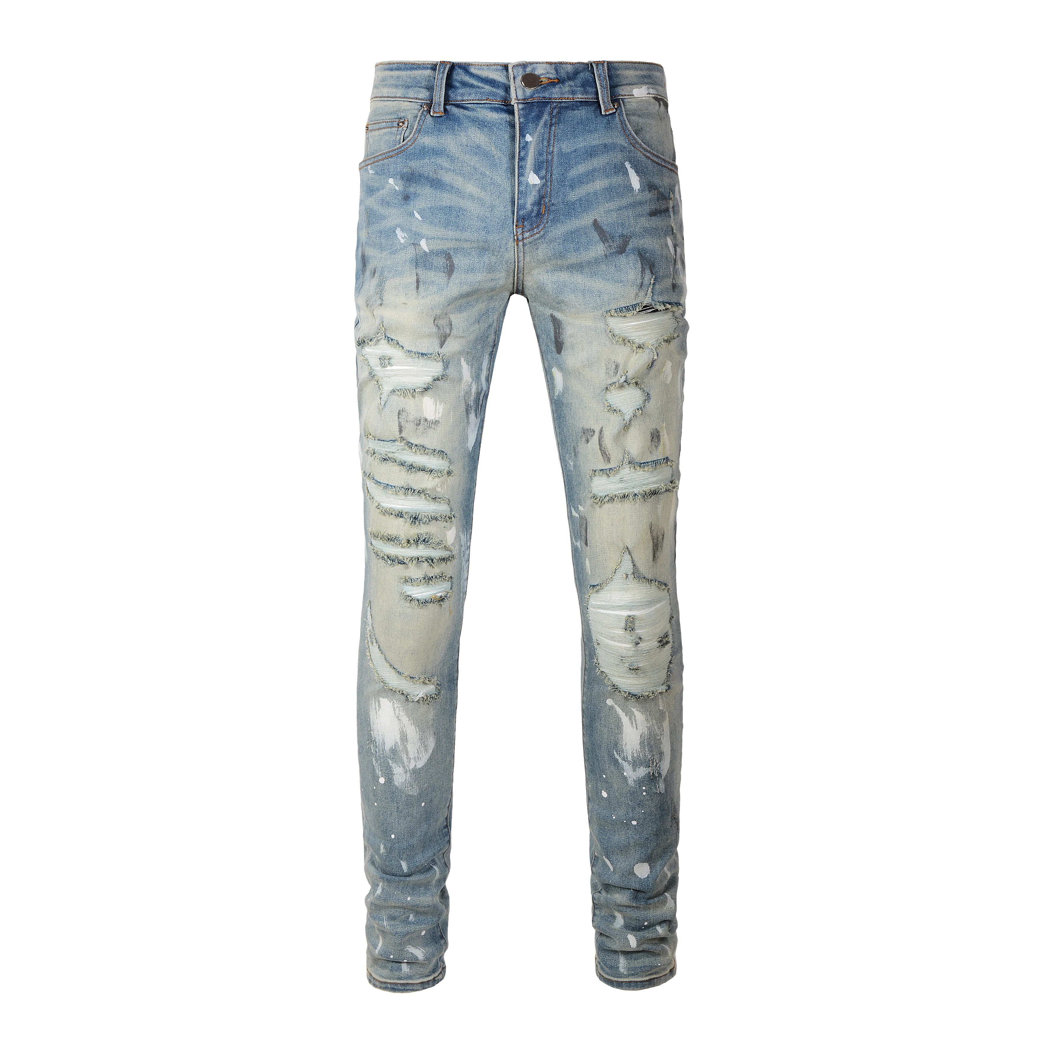 Wholesale Hip Hop Winter Blue Streetwear Slim Fit Damaged Splash Ripped Stretch Designer Distressed Skinny Painted Vintage Denim