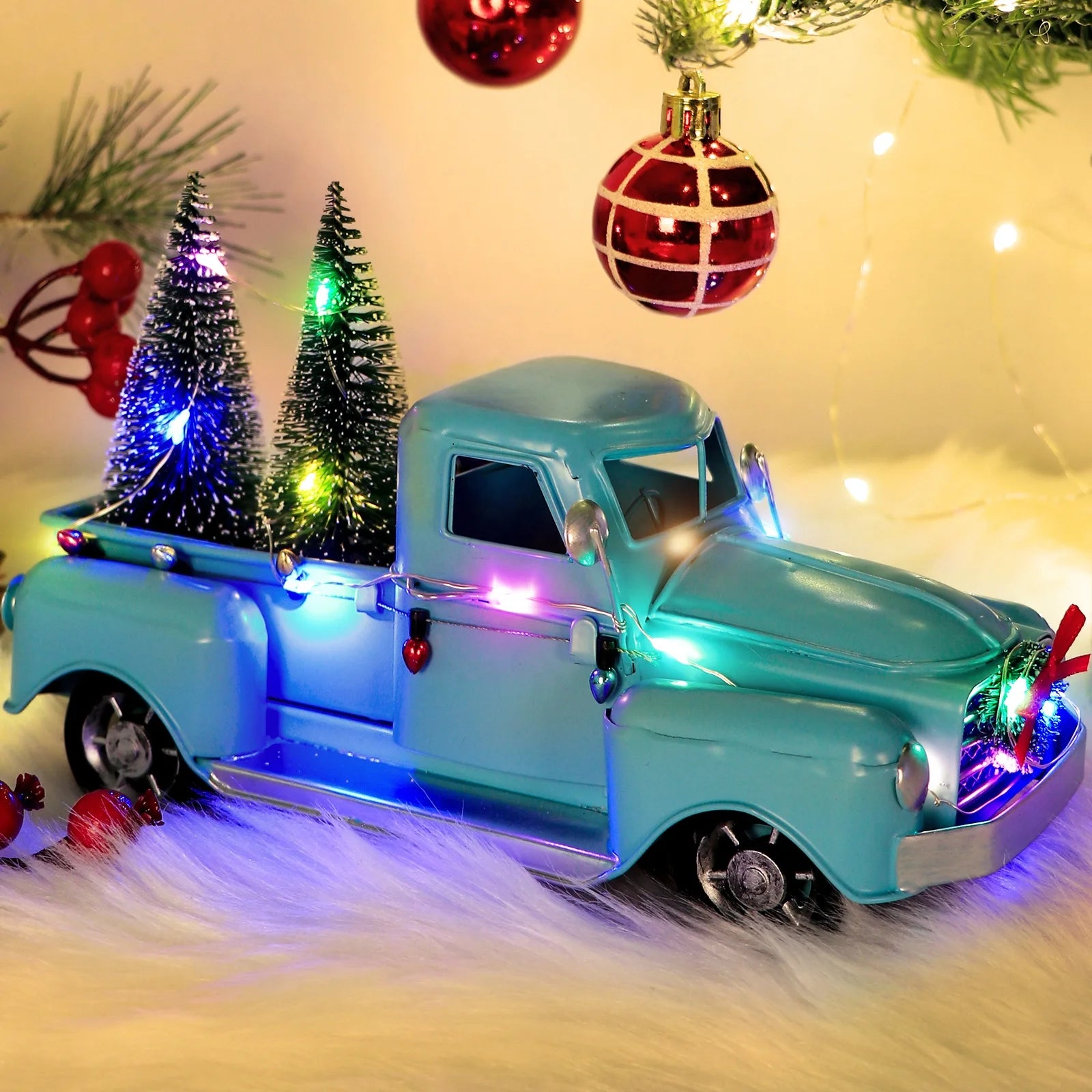 Ourwarm Navidad Blue Old Led Truck Metal Crafts Retro Vintage Car Merry Christmas Train Ornament