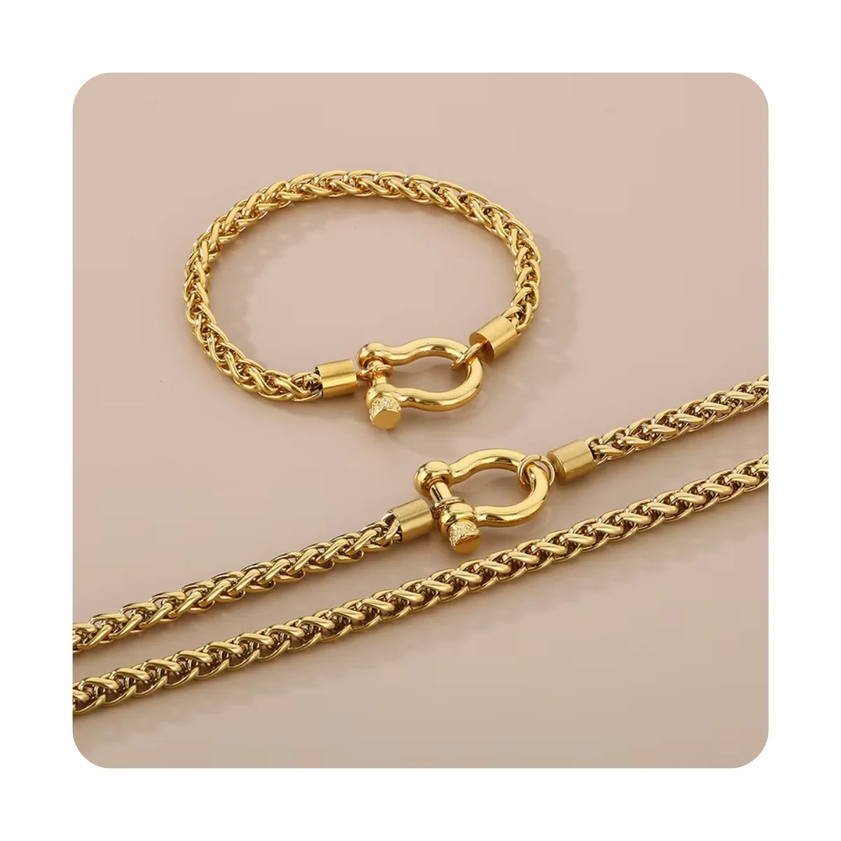 2024 Trendy Stainless Steel Jewelry Cuban Link Chain Bracelet Gold Horseshoe U-Shaped Bracelet Necklace Jewelry Set for Women