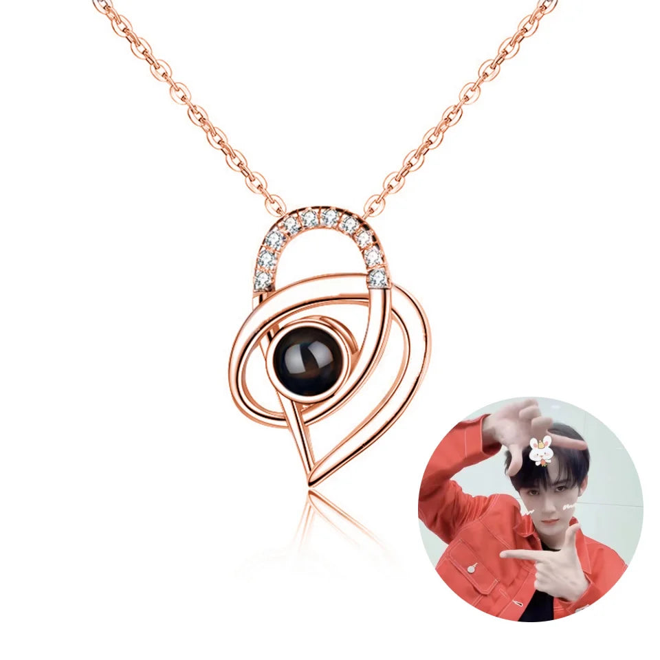 925 Silver Customizable Photo Display Necklace Heart-Shaped Love Projection Diamond Zircon Pearl Party Occasions Gold Main