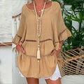 Women's 3/4 Sleeved Cotton Linen V-neck Loose Button Hollow Large Top Dress