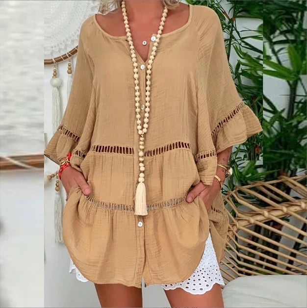 Women's 3/4 Sleeved Cotton Linen V-neck Loose Button Hollow Large Top Dress