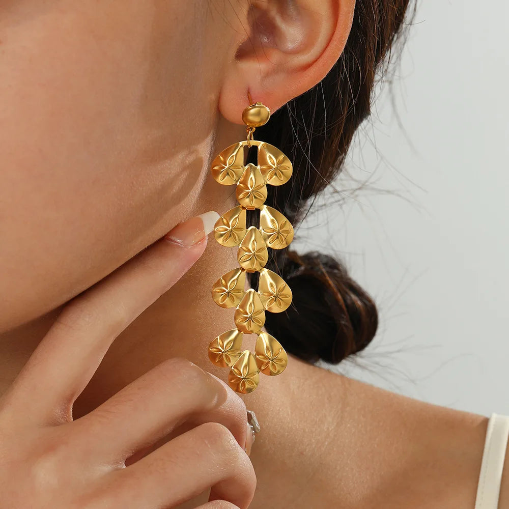Europe Hot Selling Flower Long Tassel Stud Earrings Vintage Personality Stainless Steel Water Drop Shape Tassel Earrings
