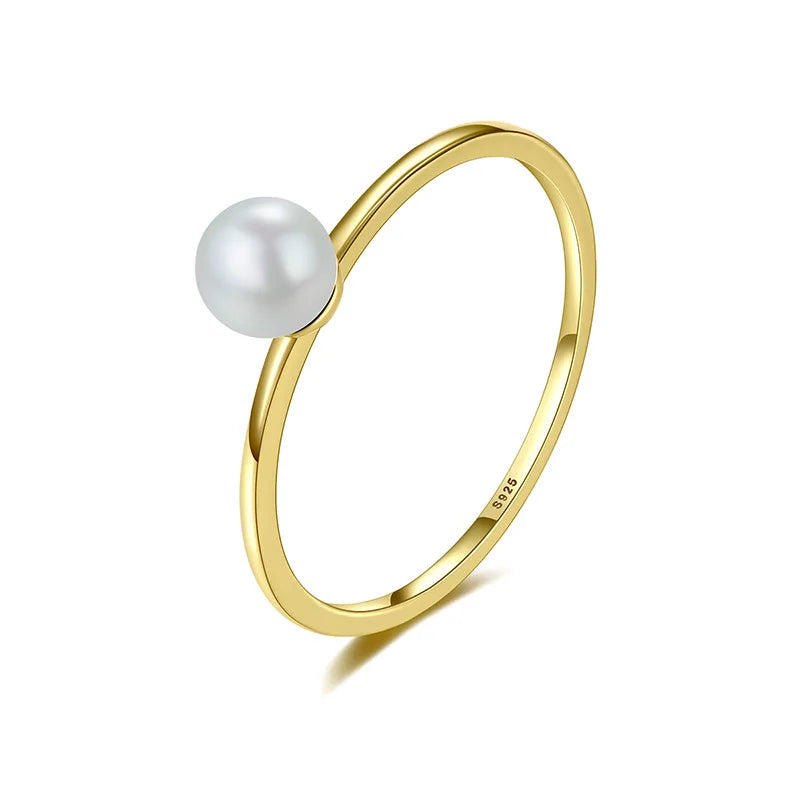 925 Sterling Silver Gold Plated Quality Round White Pearl Wedding Band Ring for Women Trendy Exquisite Fashion Jewelry