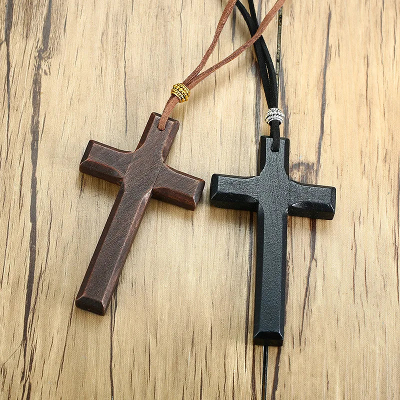 New Wholesale Fine Jewelry Wooden Jesus Blessing Cross Pendant Religious Cross Necklace