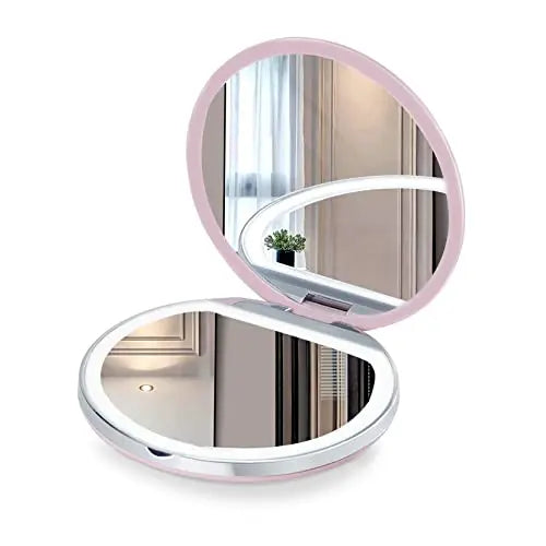Cosmetic Pocket Mirror with LED Light 1X/3X Magnification Dual-Sided Gold-Plated Foldable Pink Mini Travel Dimmable Portable