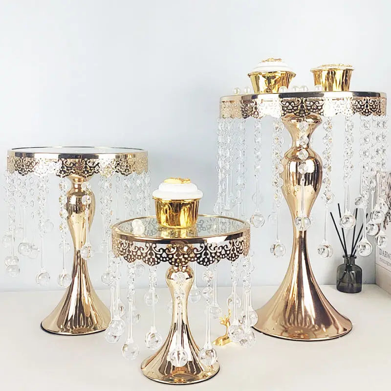 SWS090  Crystal Metal Gold Mirror Face Cake Stand 3 Size One Set for Wedding and Party Cake Decorative