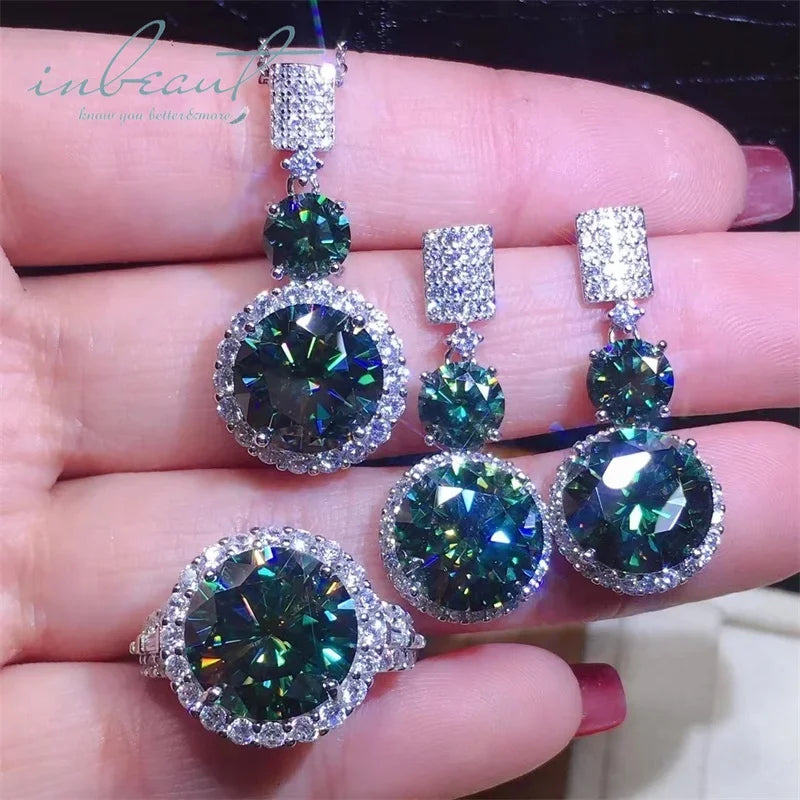 Silver 925 Original Total 24 Ct Brilliant Cut Diamond Test Past Green Moissanite Jewelry Sets Ring Earrings Necklace for Women