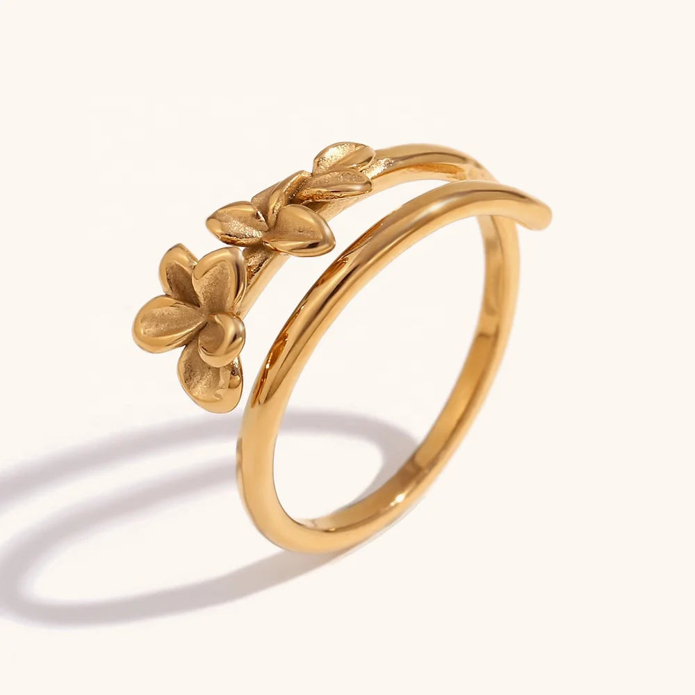 Dingran RING 18K Gold Plated Double Layer Flower Open Rings Stainless Steel Tarnish Free Jewelry