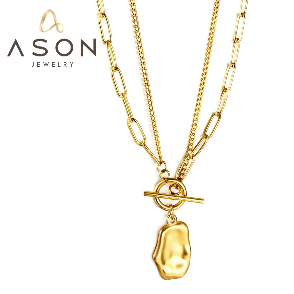 Ason Jewelry Fashion Double Layer Link Chain Irregular Pendant Necklace No Fade Stainless Steel OT Buckle Necklace