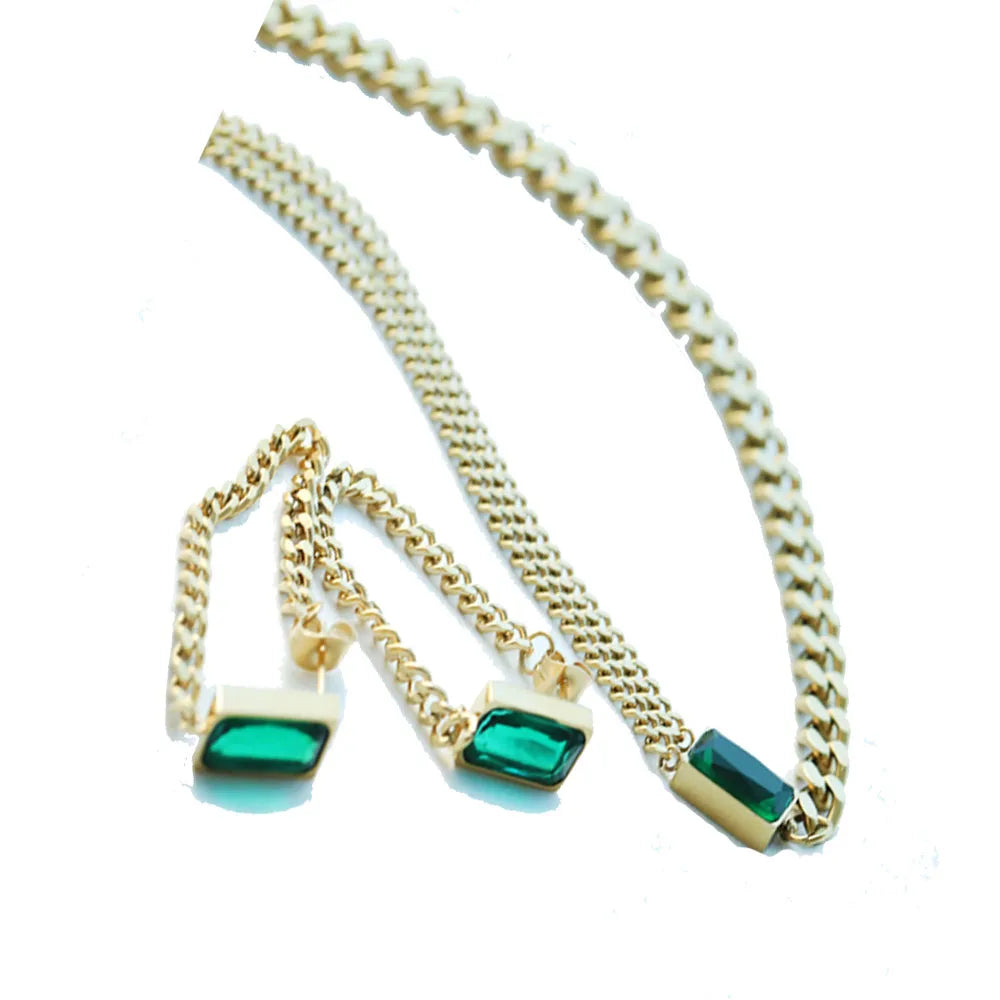 Fashion Titanium Steel Affordable Chunky Chain Green Zircon Emerald Necklace Bracelet Earring Jewelry Sets 18k Gold Plated