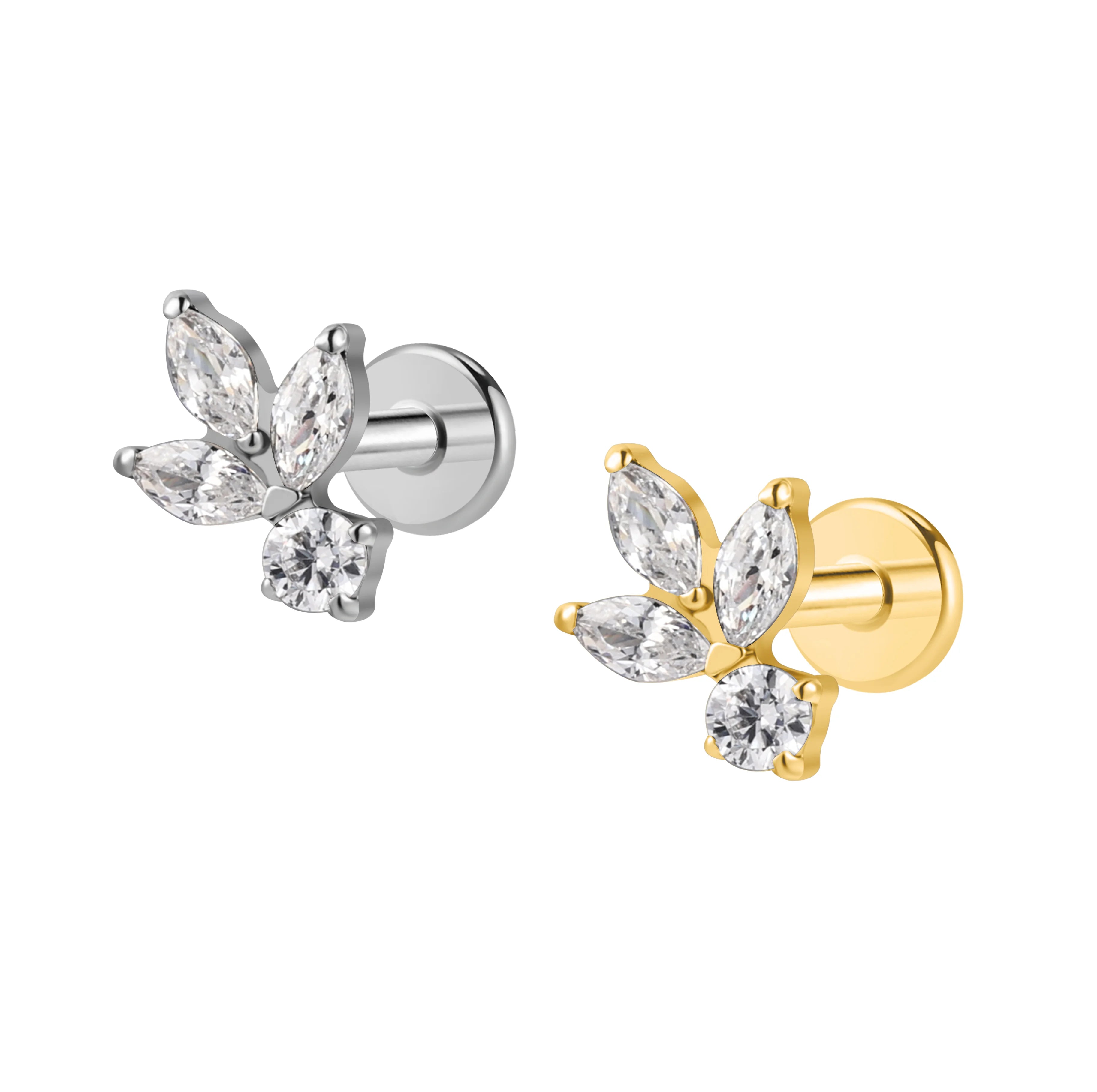 Astm F136 Titanium Flat Back Labret CZ Leaf Earring Stud Internal Thread Helix Conch Lobe Piercing Jewelry
