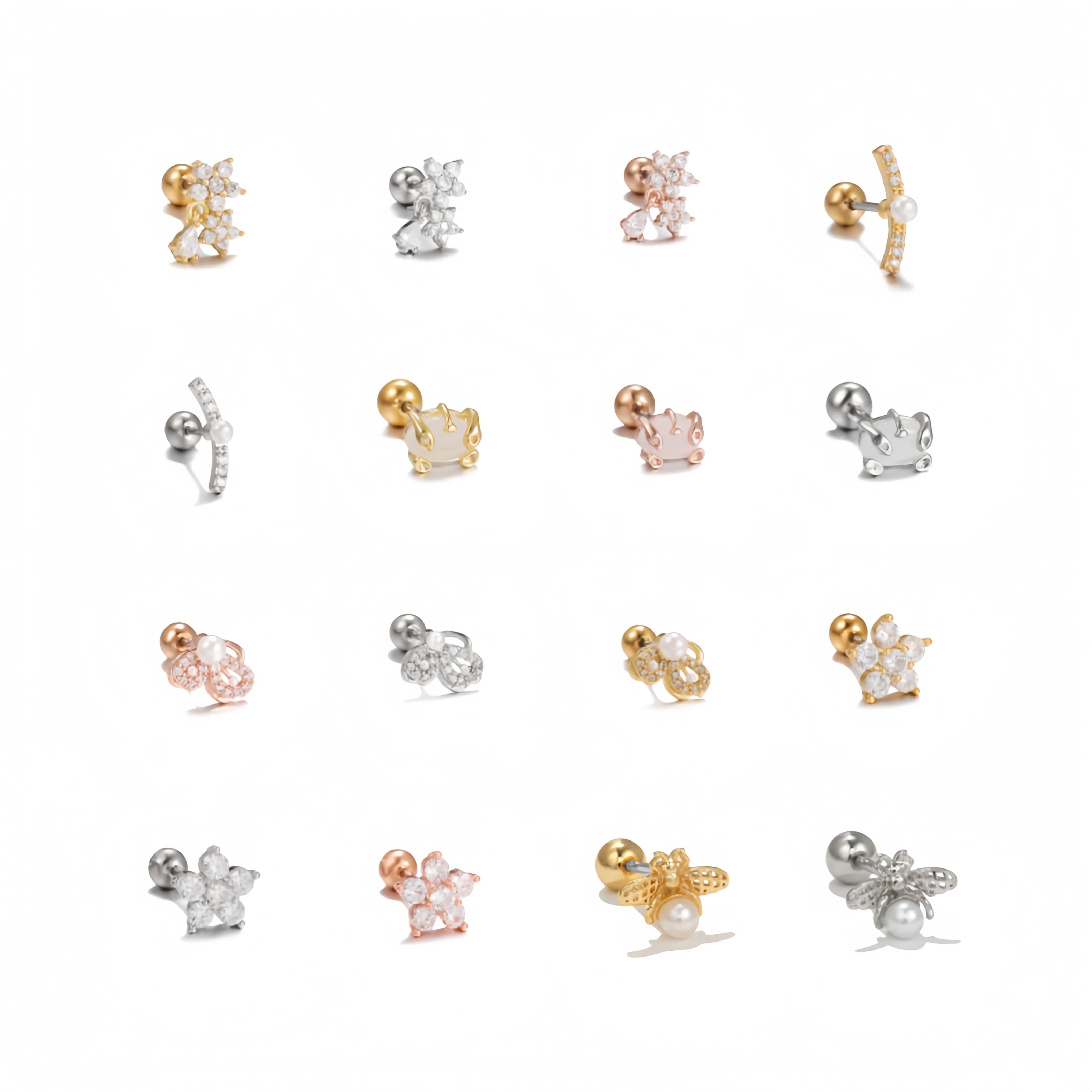 New Design Women 18k Gold Fine Rod Flower Sliver Plated Ear Bone Spike Screw Ball Sleeping Ear Studs Fashion Piercing Earrings