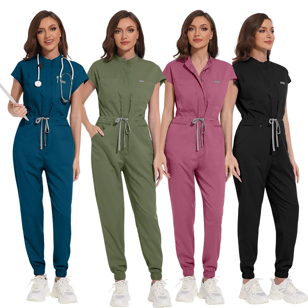 Private Label Nursing Scrubs Jumpsuit Custom Logo Female Doctors Nurses Polyester Spandex One Piece Scrub Jumpsuit with Pockets