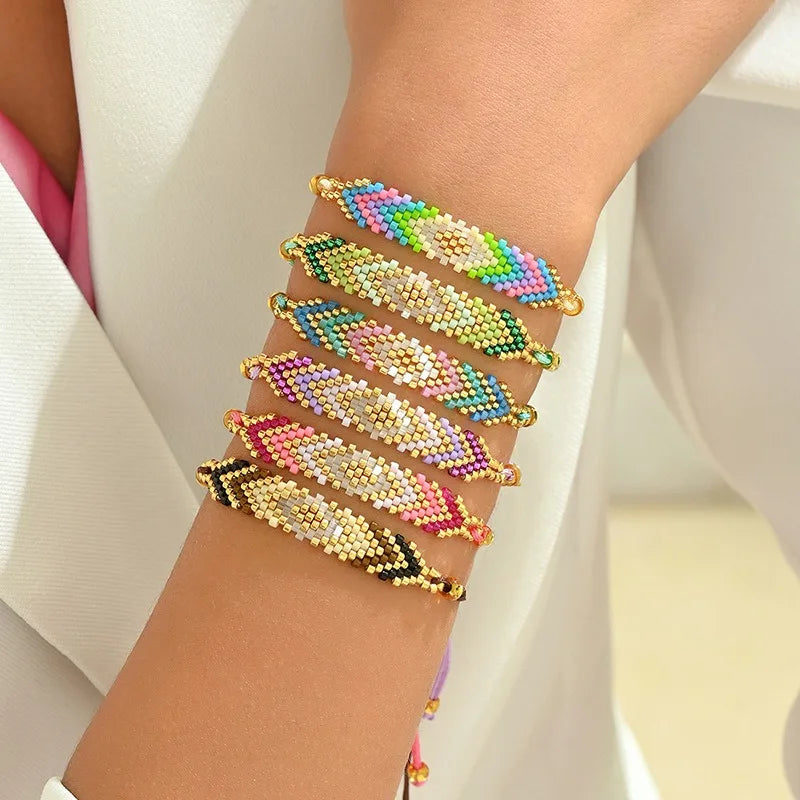 Handmade Summer Beach Bracelets Women Bohemian Woven Miyuki Beaded Elastic Chain Geometric Shape Adjustable Jewelry Party Gifts