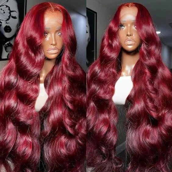 99J Burgundy Body Wave Lace Front Brazilian Hair Wigs 13x4 Transparent HD Lace Frontal 180% Red Colored Curly Human Hair Wigs