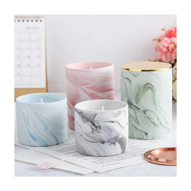 Nordic Cylinder Luxury Candle Vessel Home Decor Wedding Decoration Empty Marble Ceramic Candle Jar Container With Lid