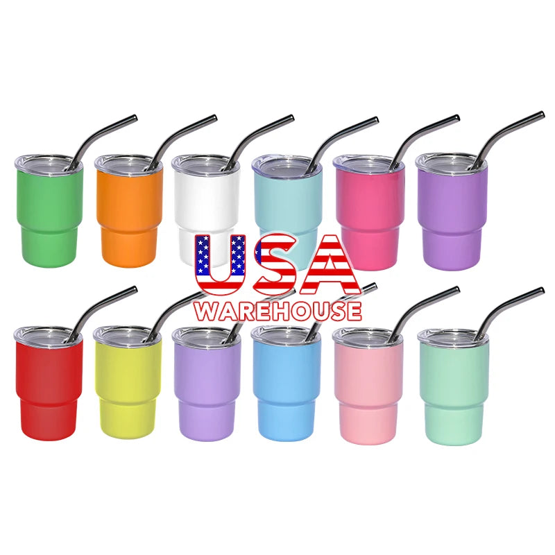 USA RTS Mini 3oz Sublimation Blanks Double Wall Stainless Tumbler Assorted 12 Colors Mix Shot Glass with Metal Straw 48pcs/Ctn