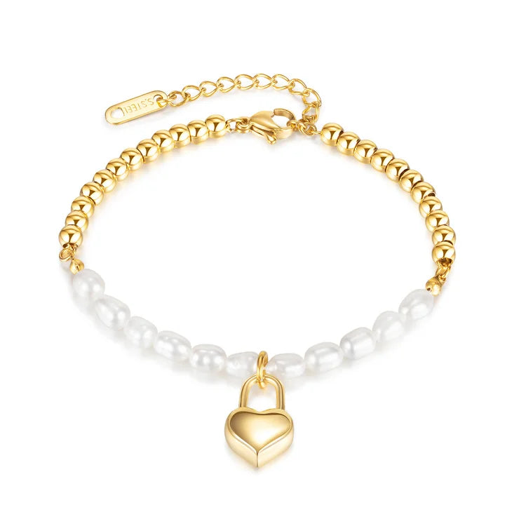 18k Gold Plated Bead Chain Bracelet Heart Lock Shaped Pendant Pearl Bracelet for Women