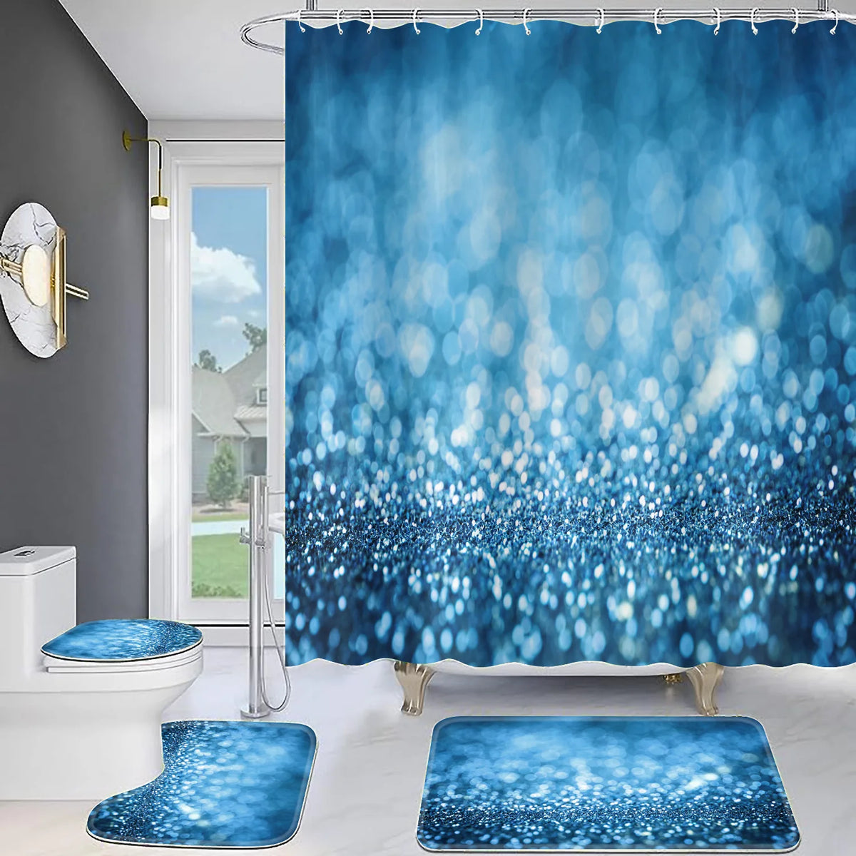 Luxury Bathroom Decor Mildew Resistant Quick Dry Print Polyester Fabric Shower Curtain Set Blackout Eco-friendly