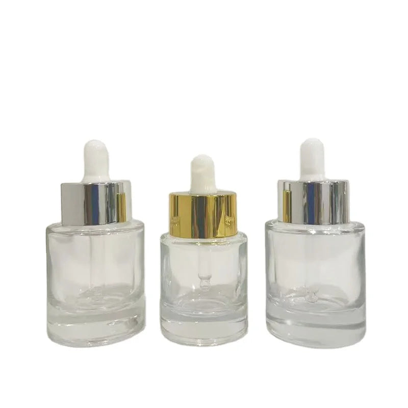 Clear Essential Oil Serum Dropper Bottle Thick Bottom 30ml 40ml 50ml Round Skincare Container Flat Cylinder Cream