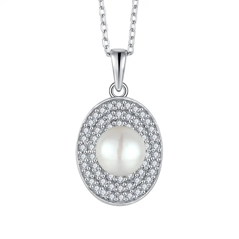 Cz Round Fresh Water Pearl Pendant Necklace 925 Sterling Silver Platinum Cubic Zirconia Pearl Pendant Necklace Fashion Zircon