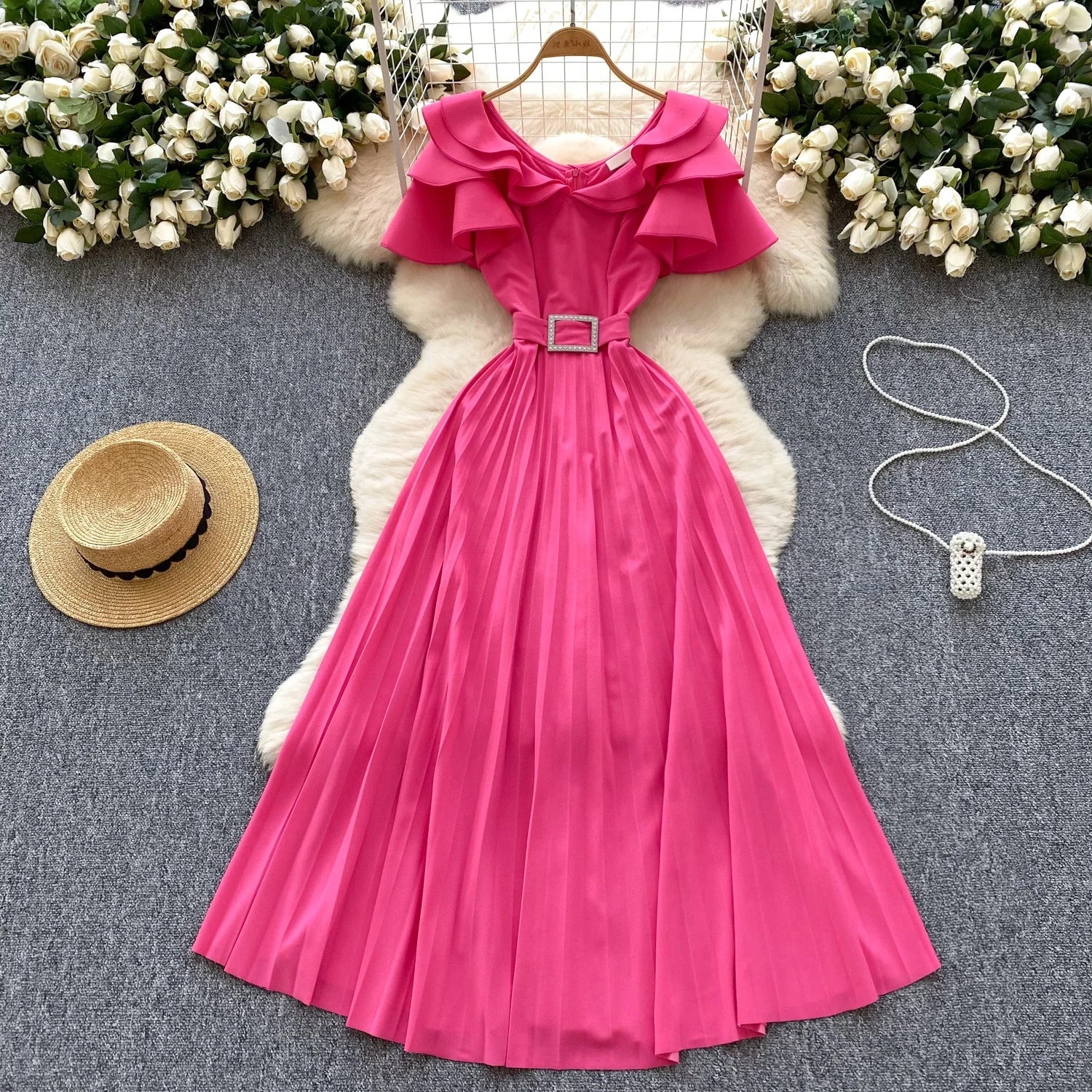 New 2025 Elegant Ruffle High Waist Pleated Party Style Fashionable Plus Size Dress