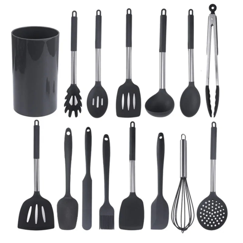 Professional Supplier Silicone Kitchen Utensil Set with Rubber Sleeve Pipe Handle 12 13 14 Pcs for Home Kitchen Use
