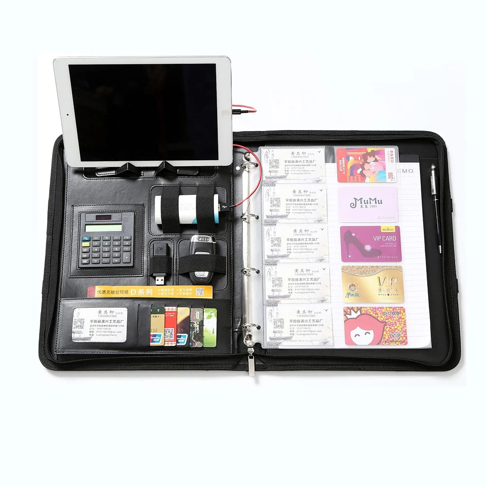 A4 Multi Function Pu Leather Portfolio Zipper File Folder Business Portable File Organizer