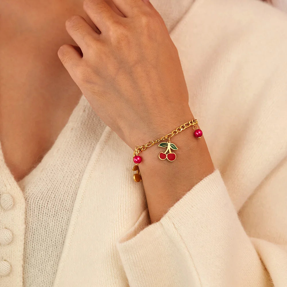 BASQUESUN Factory Wholesale Custom Korean Version New Stainless Steel Drop Gum Cherry Ins Style Niche Design Women's Bracelet