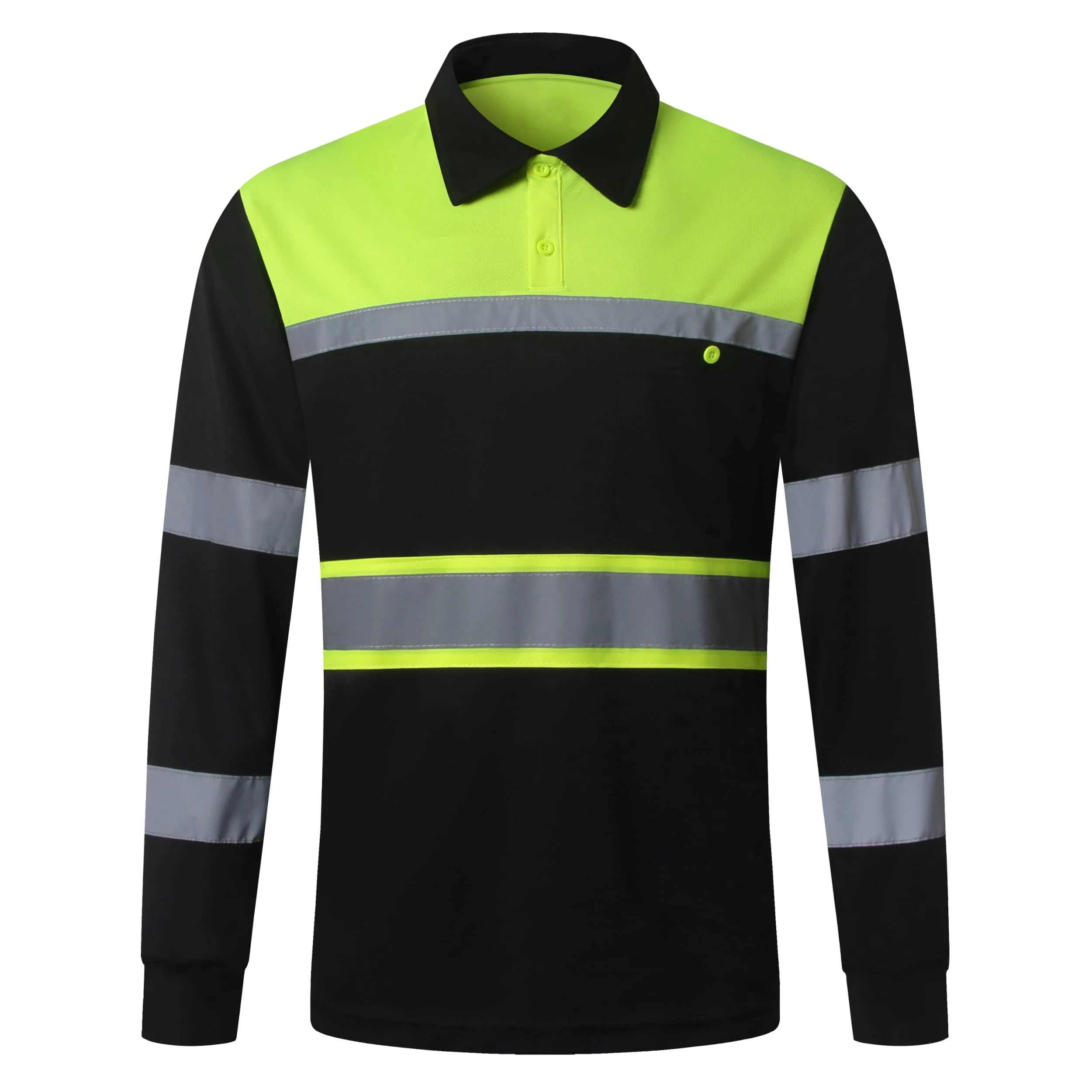 Wholesale 100% Polyester Safety Shirts for Men High Reflective Men Polo Shirts With Pocket Long Sleeve Workwear Breathable Polo