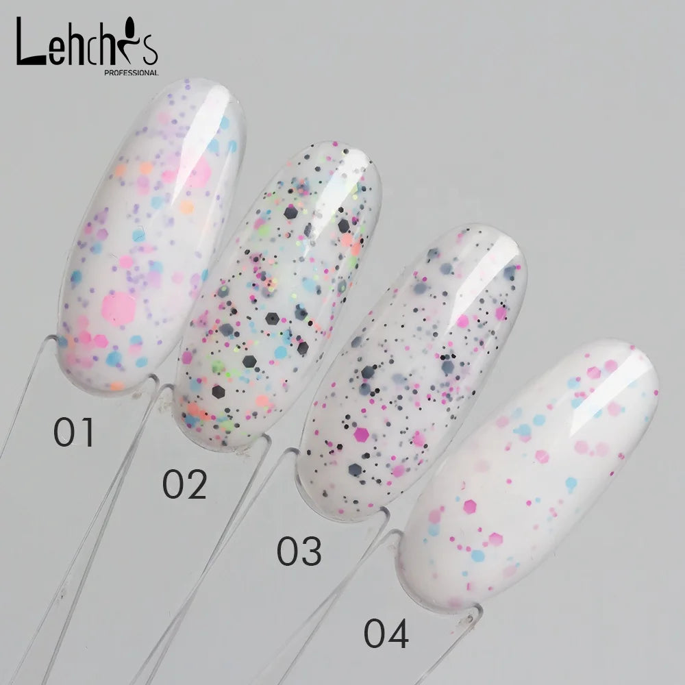 Trending 2024 Nail Art Tutti Frutti Candy Colors Milky White Glitter Hexagon Flakes Dots Rubber Base Coat Colours UV Gels Polish