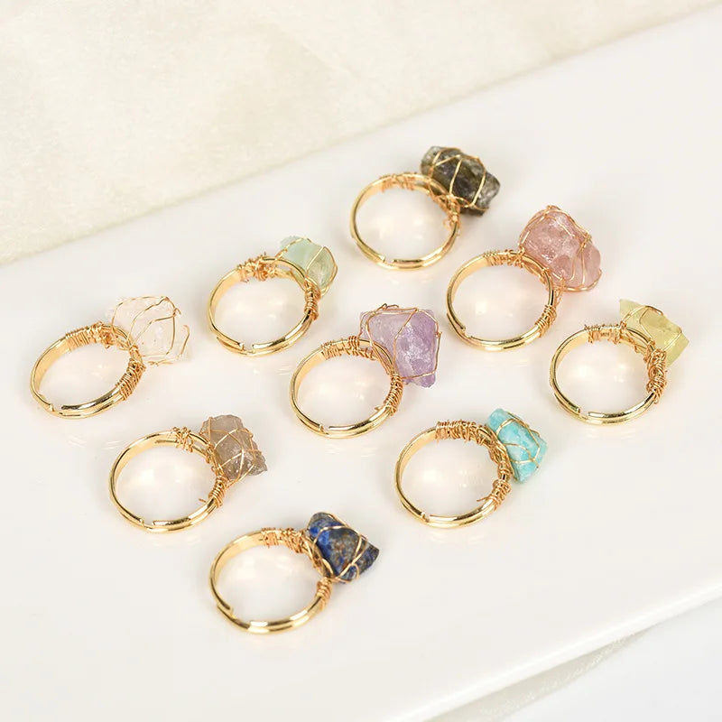 Wholesale Adjustable Circle Ring Jewelry Silver Plated Natural Crystal Raw Stone Ring