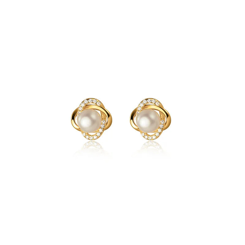 Fashion Jewelry 925 Sterling Silver Earrings Four Leaf Flower Clover Natural Real Pearl Zircon Gold Plated Stud Earrings Women