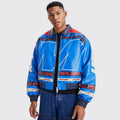 HL Wholesale Custom Letter Printed Blue Windproof Thick PU Bomber Jackets Custom Motorcycle Leather Jacket Men