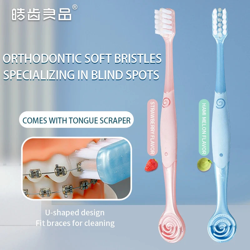 U Shape Widehead Orthodontic New Lollipop Toothbrush with Self-Contained Tongue Scraper In stock supports customization