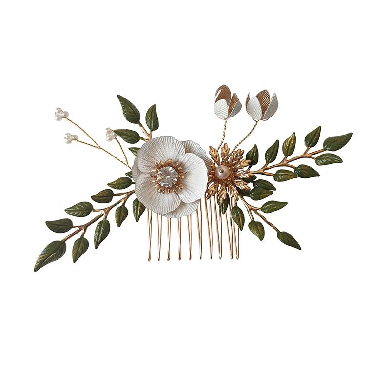 Outdoor Wedding Idyllic Bridal Hair Accessories Flower Green Leaf Hair Comb Jewelry Headpiece for Women