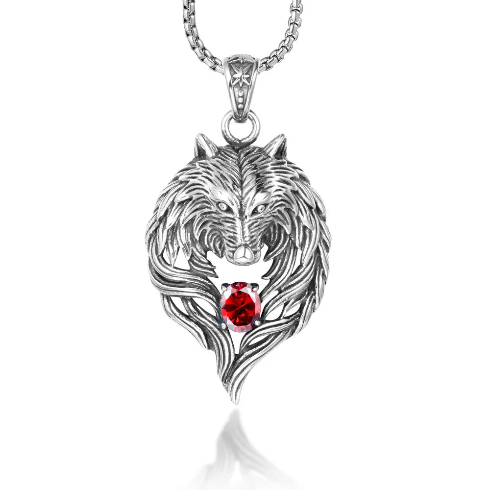 Hot Jewelry Fashion Men's Red Crystal Wolf Head Stainless Steel Pendant Necklace